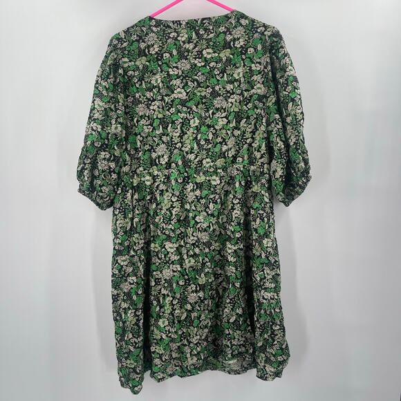 Ellos Dress Size 18 Green Black Floral Print Notch Neck Empire Puff Sleeve Plus - Picture 3 of 15